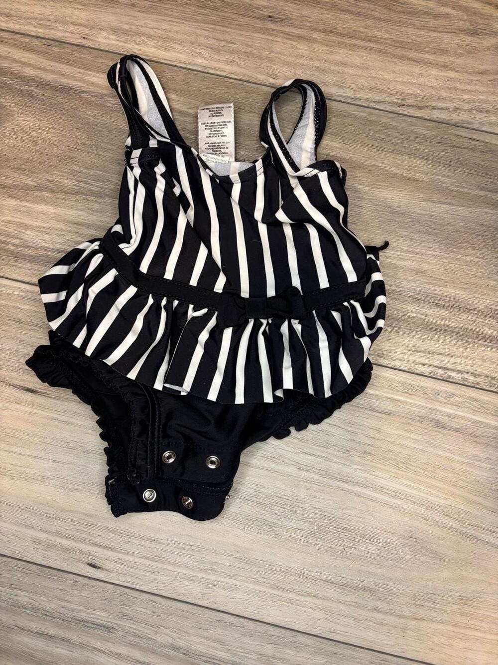 RuffleButts Black and White Striped Ruffle Swimsuit Size 0-3m
